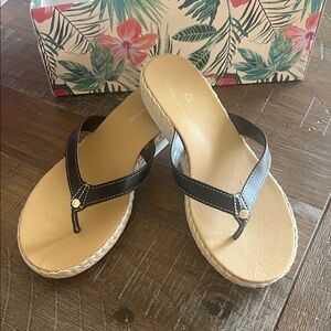 Tommy Bahama Black Thong Wedge Sandals with Tan Footbed